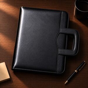 VTG 90s Day-Timer Leather 3 Ring Planner Folio Briefcase Hideaway Handles Black